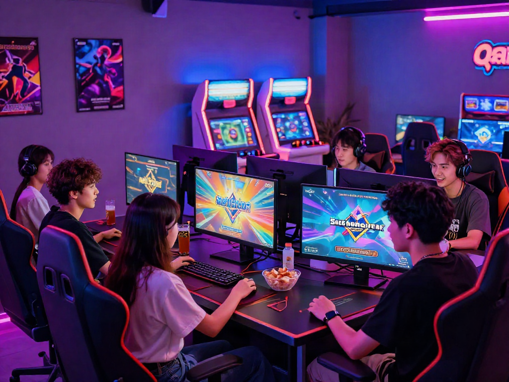 Friends enjoying Slot Gacor MAHJONGJP88 in an energetic gaming lounge.