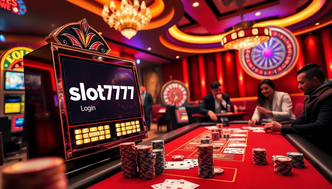 Engage with the slot777 login at a luxurious casino scene with vibrant games and players excitedly betting.