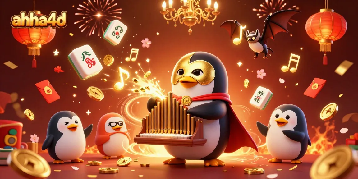 A lively scene with the iconic ahha4d penguin and golden elements showcasing the excitement of online gambling