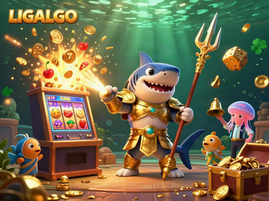 LIGALGO showcases thrilling gaming action with a cartoon shark in gladiator armor and a vibrant casino scene.