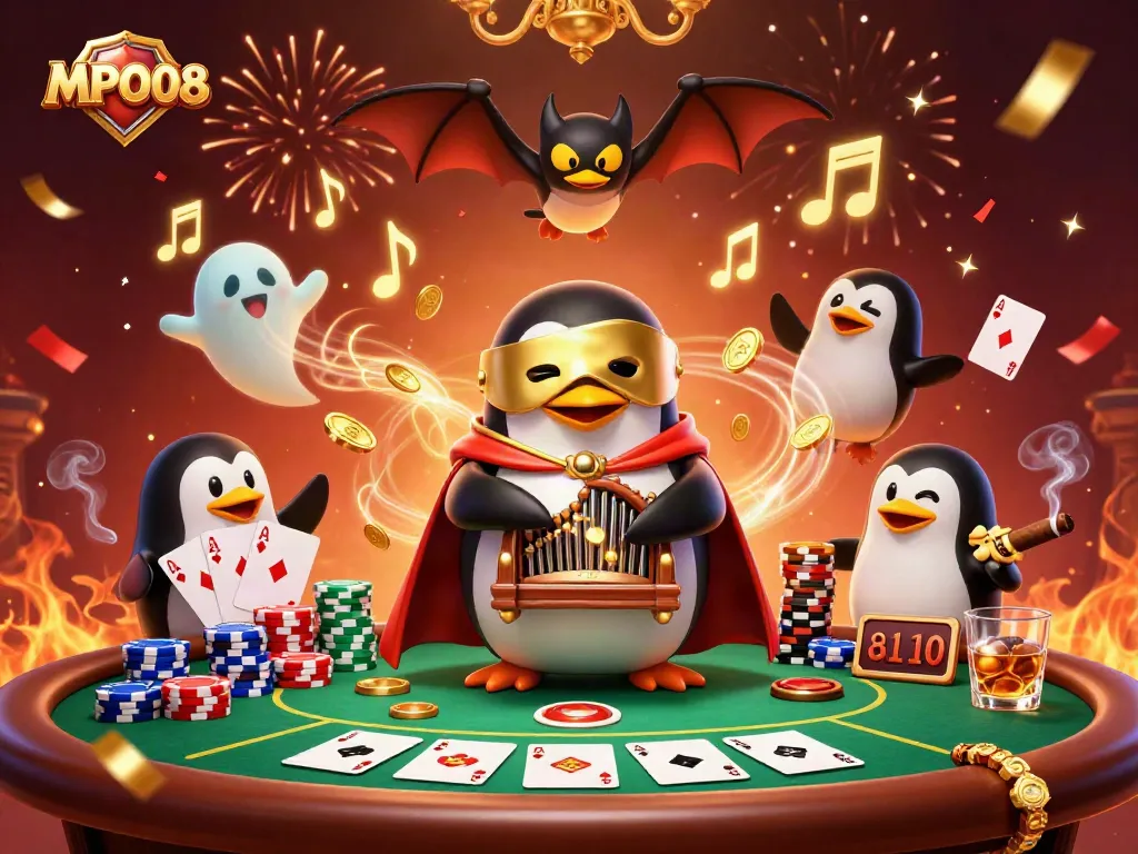 MPO08 showcases a vibrant casino scene with a phantom penguin and acrobat amidst poker action.