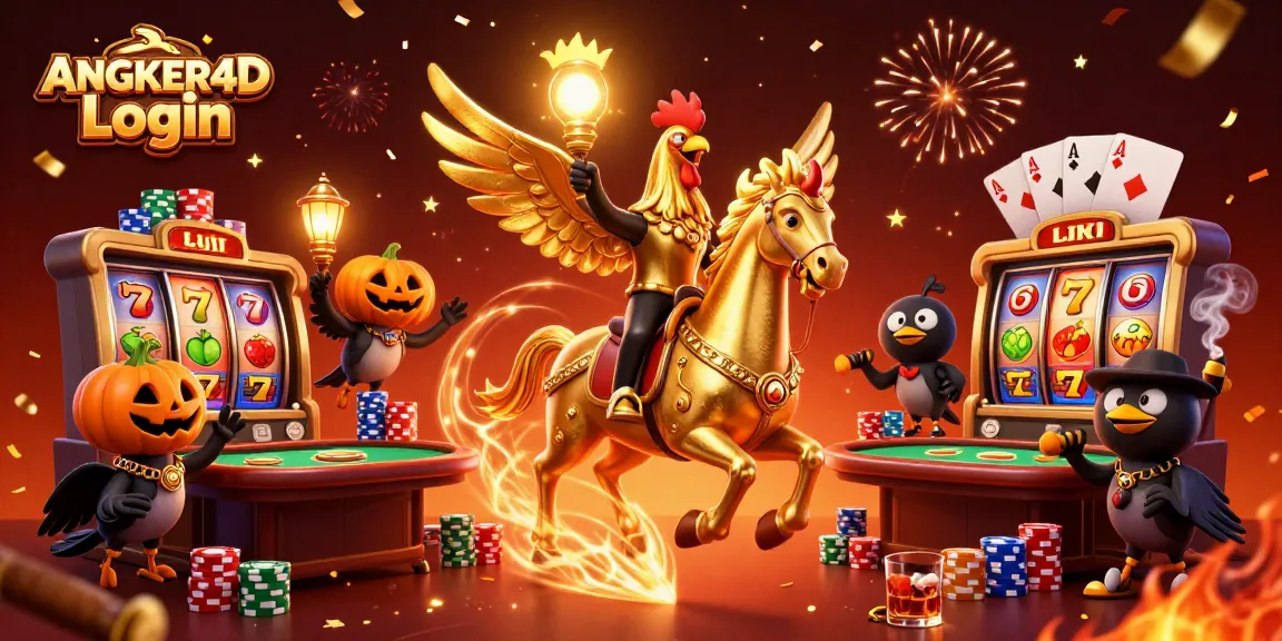 Experience ANGKER4D Login with a golden rooster, navigating vibrant slots and poker action.