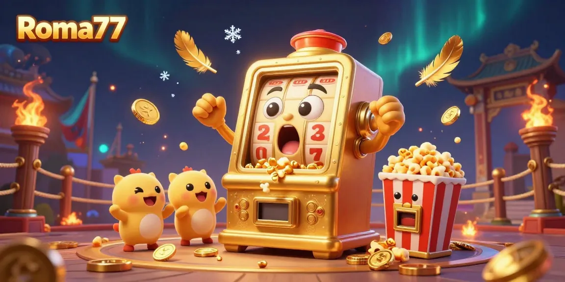 Experience thrilling moments with Roma77's golden slot machine hitting the jackpot, surrounded by cheering machines.