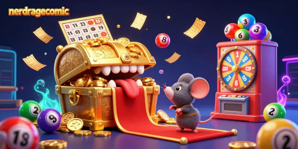 Gambarkan keseruan nerdragecomic dengan peti harta karun dan bola lotere berwarna-warni.