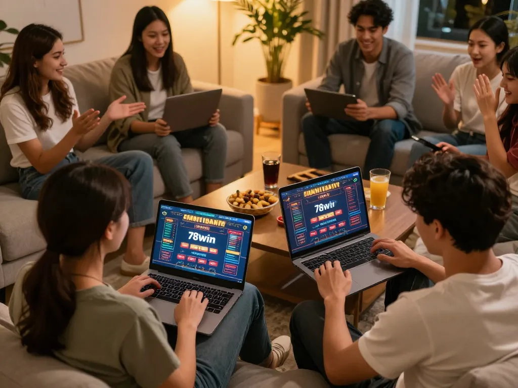 Friends strategizing and playing on 78win gaming app in cozy home setting.