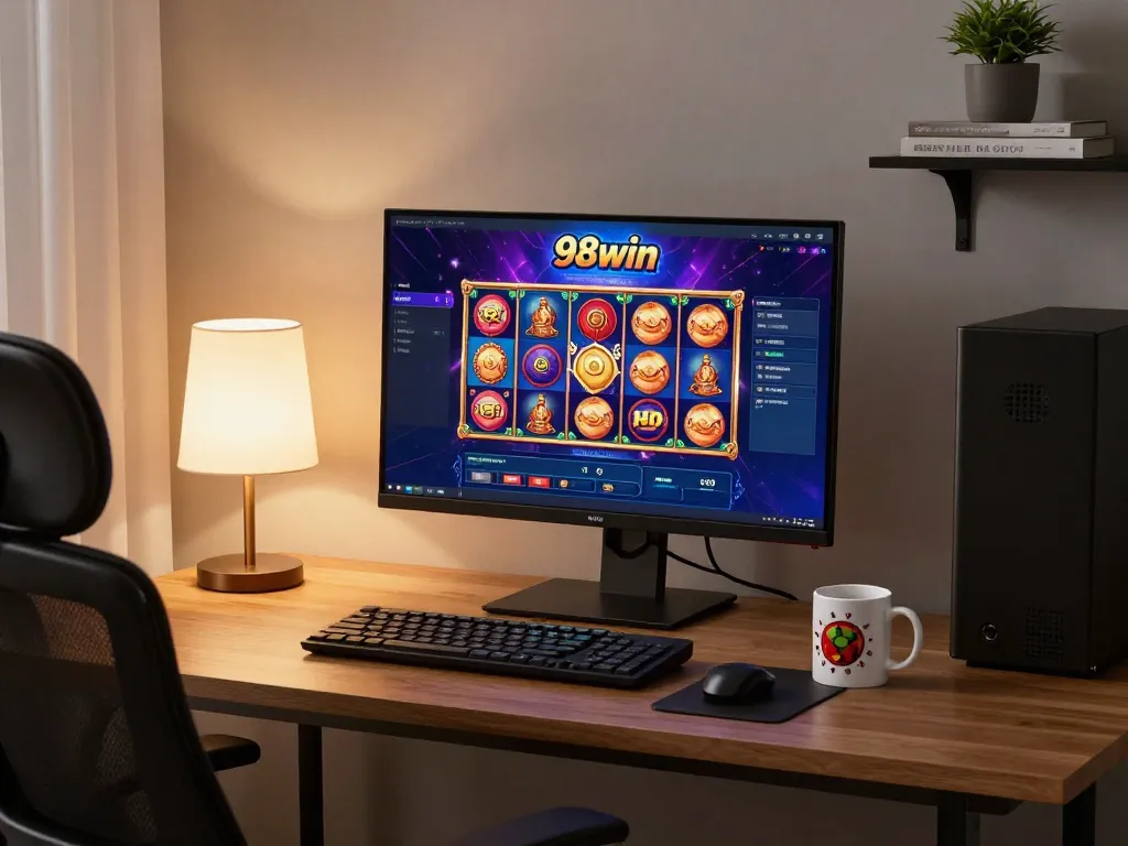 Engaged player using 98win platform for online casino gaming at stylish home setup