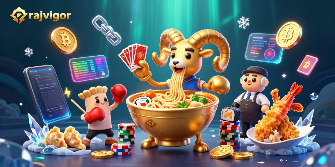 Engage with rajavigor's vibrant casino scene featuring a giant ramen bowl dealer, crypto elements, and dynamic characters.
