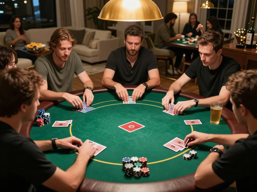 Exciting home poker night featuring VA88 players engaged in Texas Hold'em around a green felt table with chips