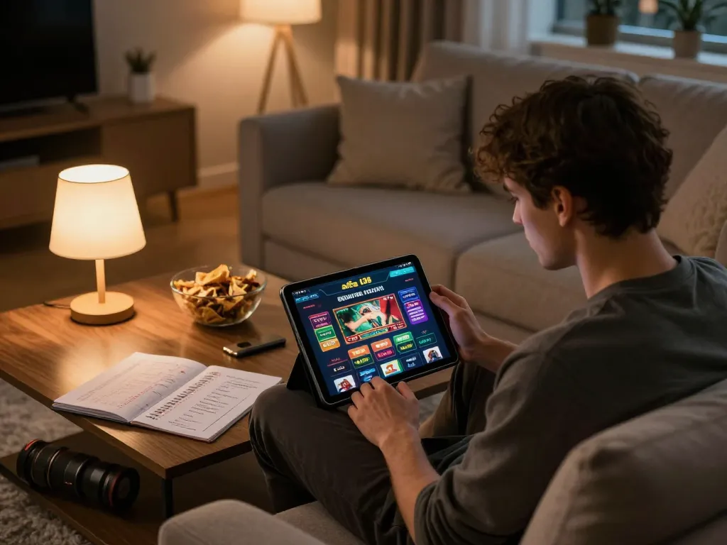 Berinteraksi dengan aplikasi permainan alfa 138 di tablet untuk strategi menang.