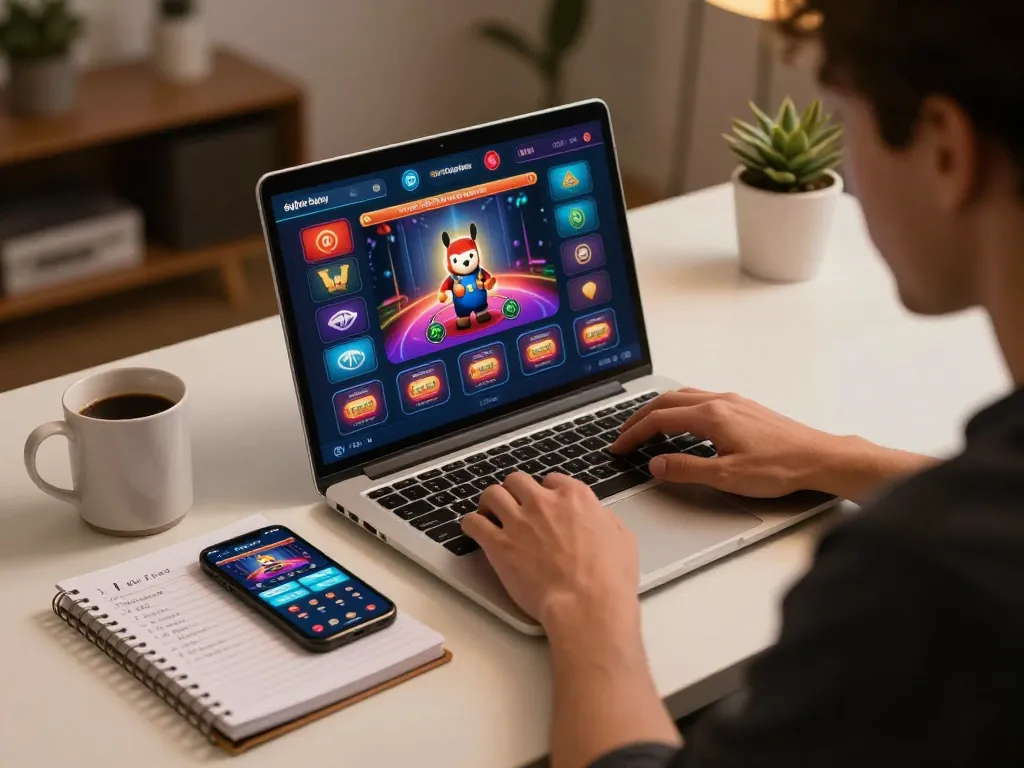 Engaging online gaming setup showcasing daftar Sepuhplay on laptop, with strategy notes and drinks emphasizing responsible play.