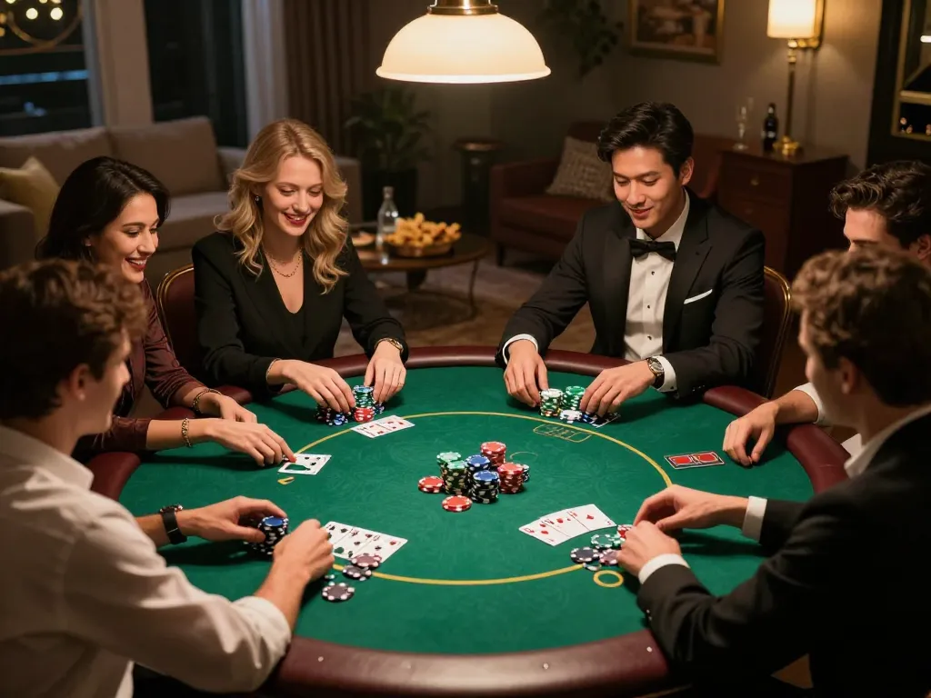 Playing mpoid slot in a friendly poker game with chips and drinks on the table.