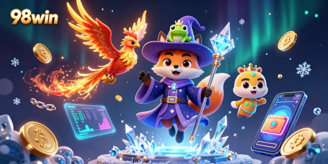 Engage in thrilling casino gameplay with 98win's fantastical wizard and phoenix, surrounded by crypto elements.
