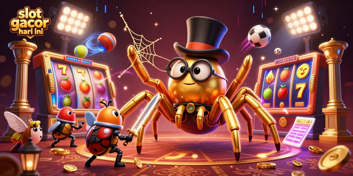 Slot gacor hari ini menampilkan tarantula emas dan kesatria kecil dalam suasana kasino.