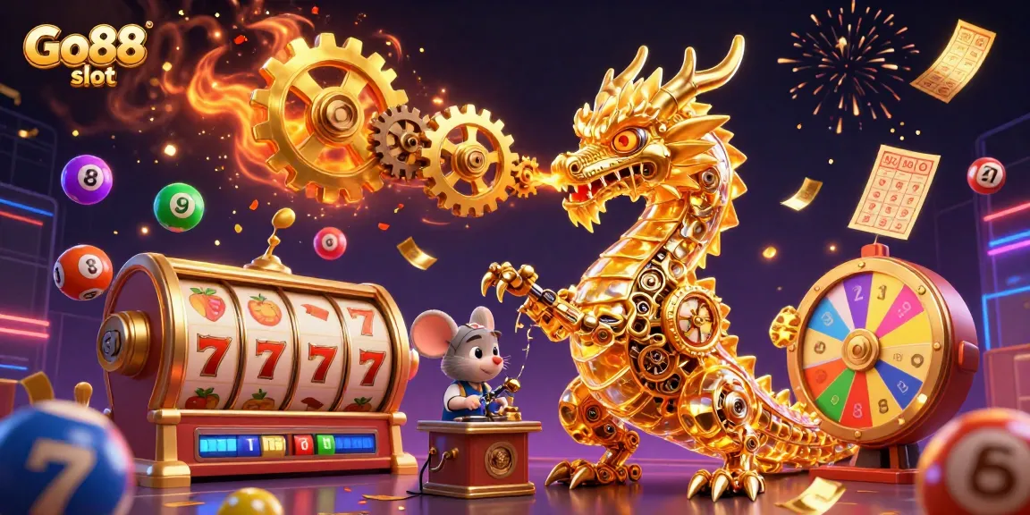Engage with the excitement of Go88 slot featuring a biomechanical dragon amidst dynamic game elements.