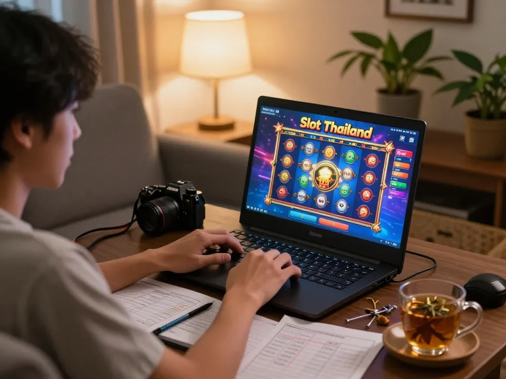 Engaged player enjoying slot thailand game on laptop, surrounded by strategy notes and cozy atmosphere.