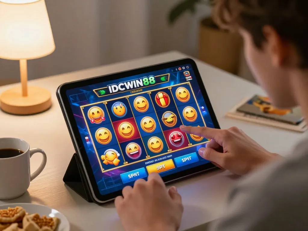 IDCWIN88 player enjoying engaging slot game on tablet at home, embodying excitement and fun