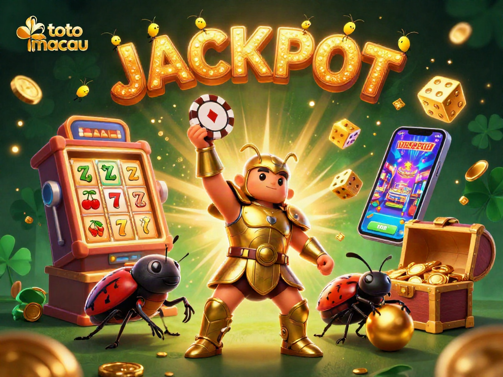 Mengangkat chip poker, kumbang hercules bertema toto macau merayakan kemenangan dengan bola emas yang digulirkan.
