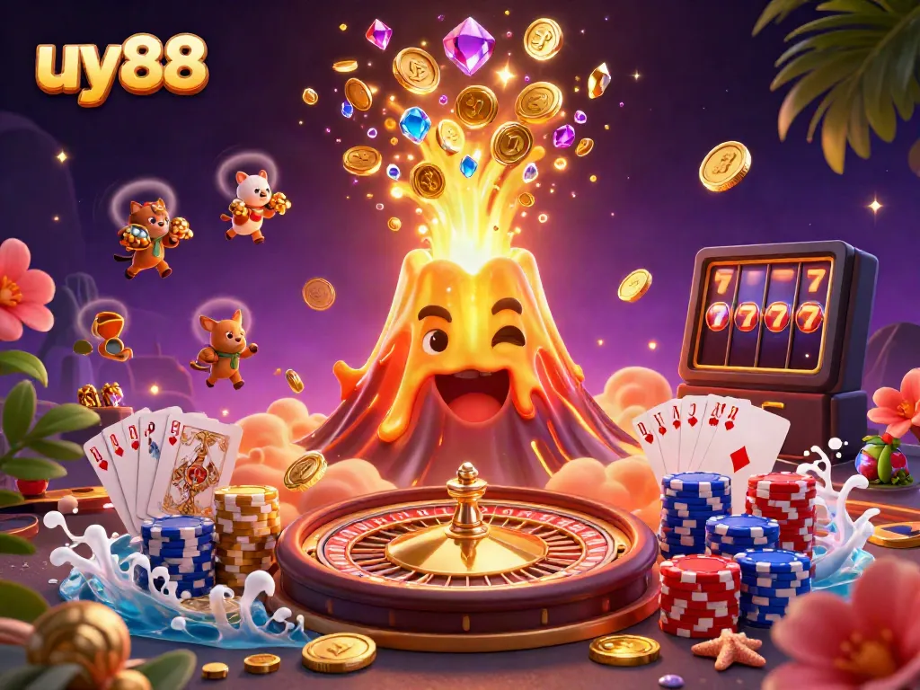 Experience jackpot thrills with uy88's vibrant casino scene featuring a golden volcano and treasure-hunting creatures.