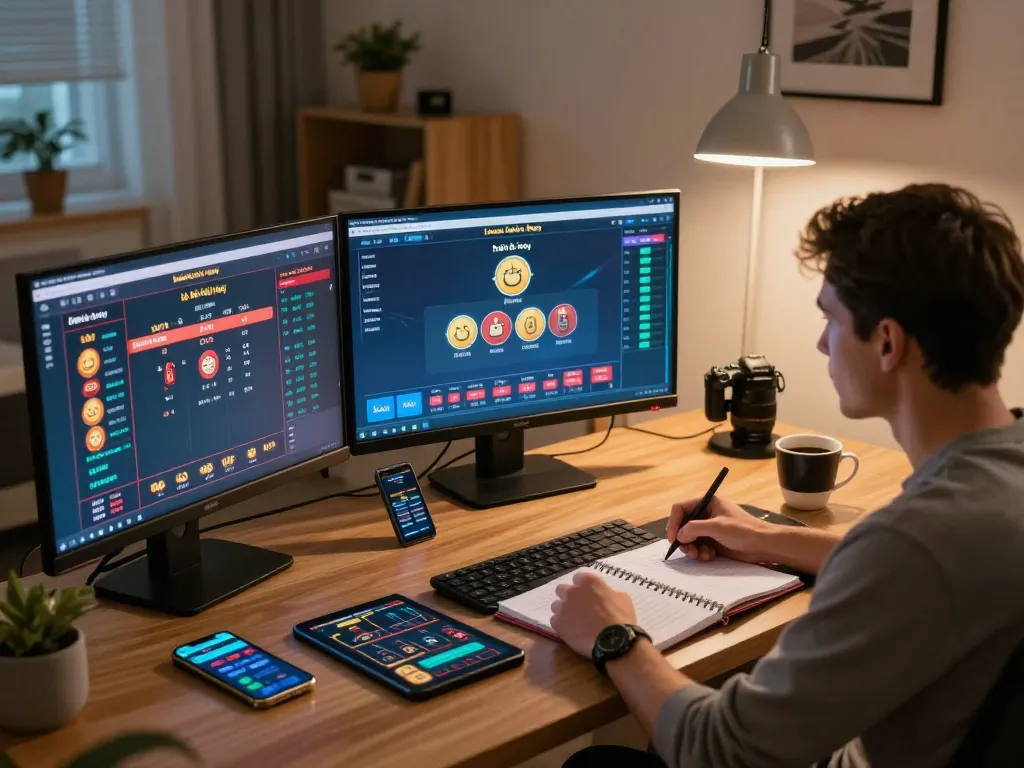 Engaging with lô đề hôm nay through online gaming interfaces while taking strategic notes in a modern home office.