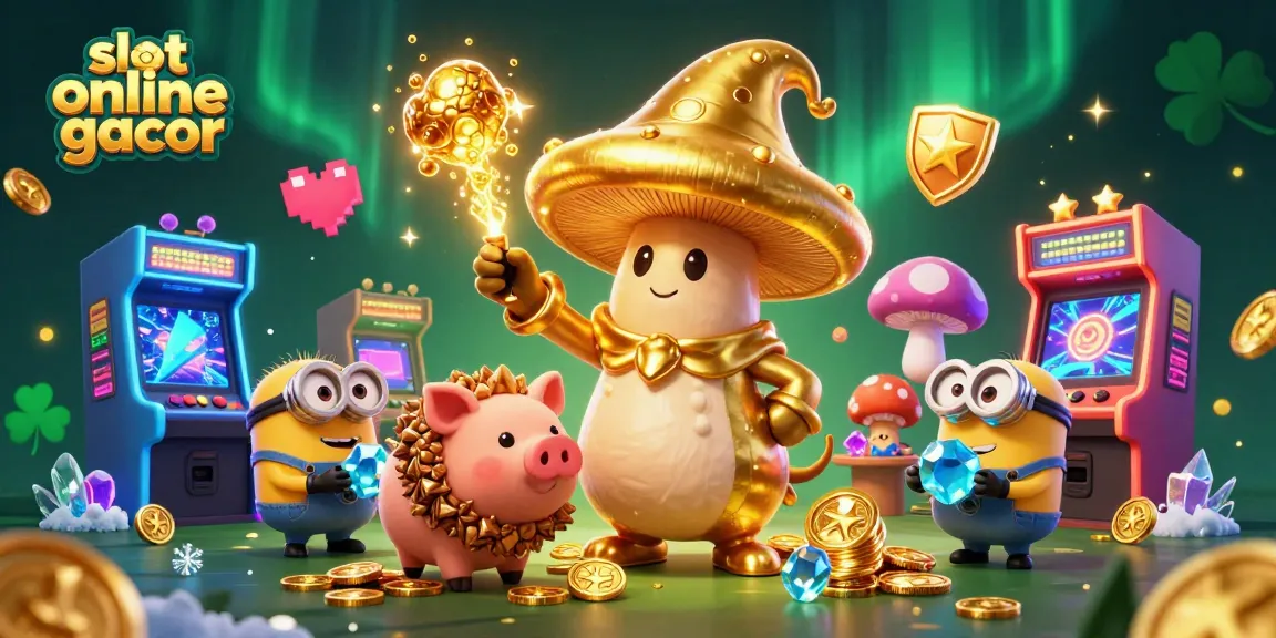 Memainkan slot online gacor dengan keajaiban jamur emas dan karakter unik dalam ilustrasi 3D.