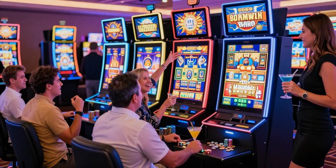 Permainan Slot Gacor yang mengasyikkan di kasino, pemain merayakan kemenangan.