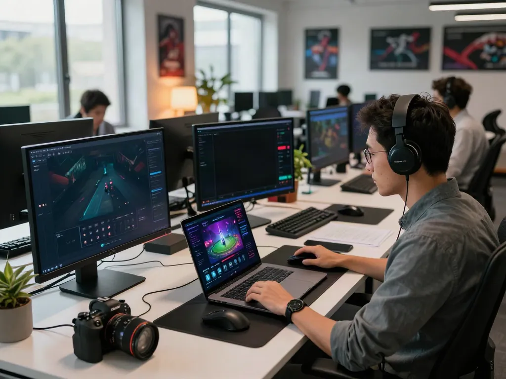 Bento4d alternatif gaming workspace with vibrant screens and a focused user.