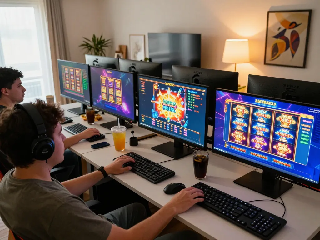 SATRIA123 player engaging with online slot games in a vibrant home gaming setup