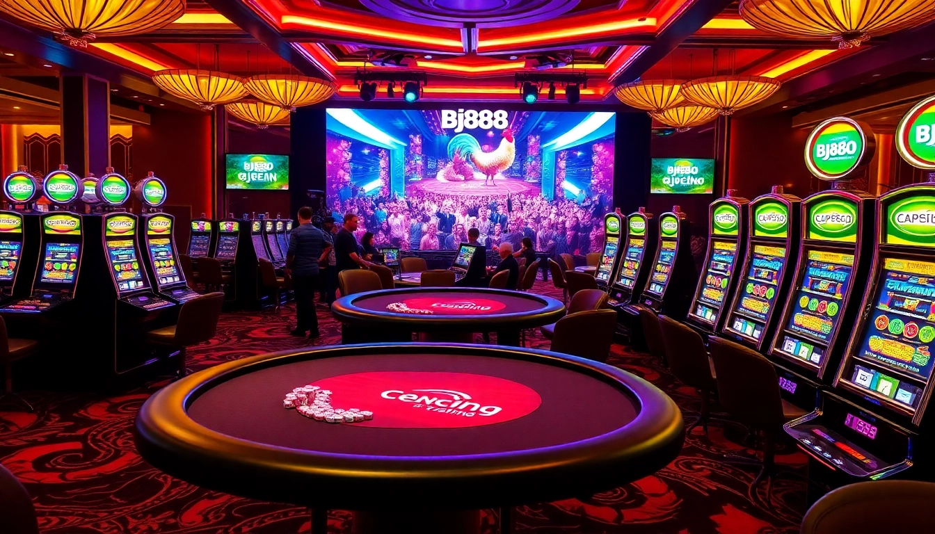 Experience live cockfighting action on the BJ88 platform with vibrant gaming visuals.