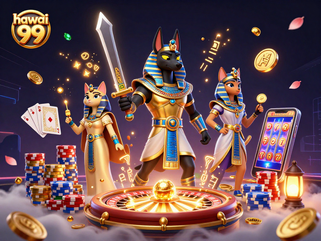 Experience the excitement of hawai 99 with dynamic slot elements and ancient Egyptian characters in a vibrant casino scene.