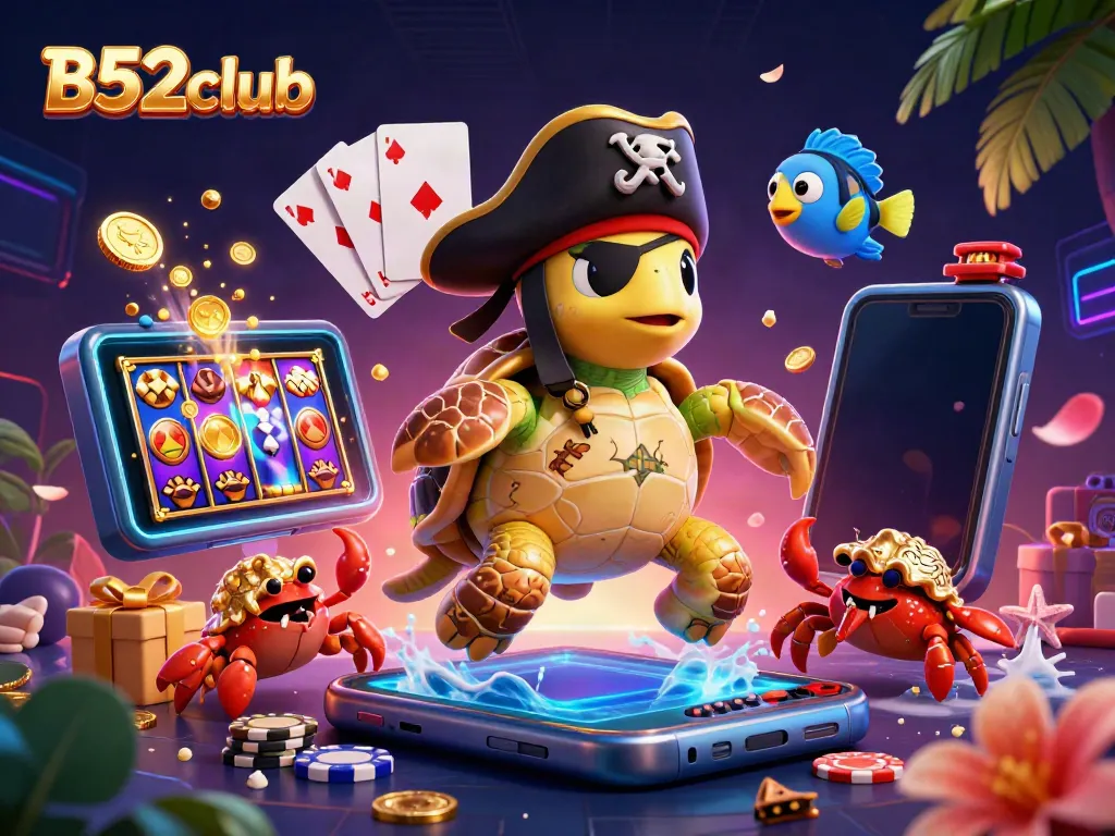 Engage in thrilling gameplay at B52club with vibrant 3D illustrations of game elements and playful characters.