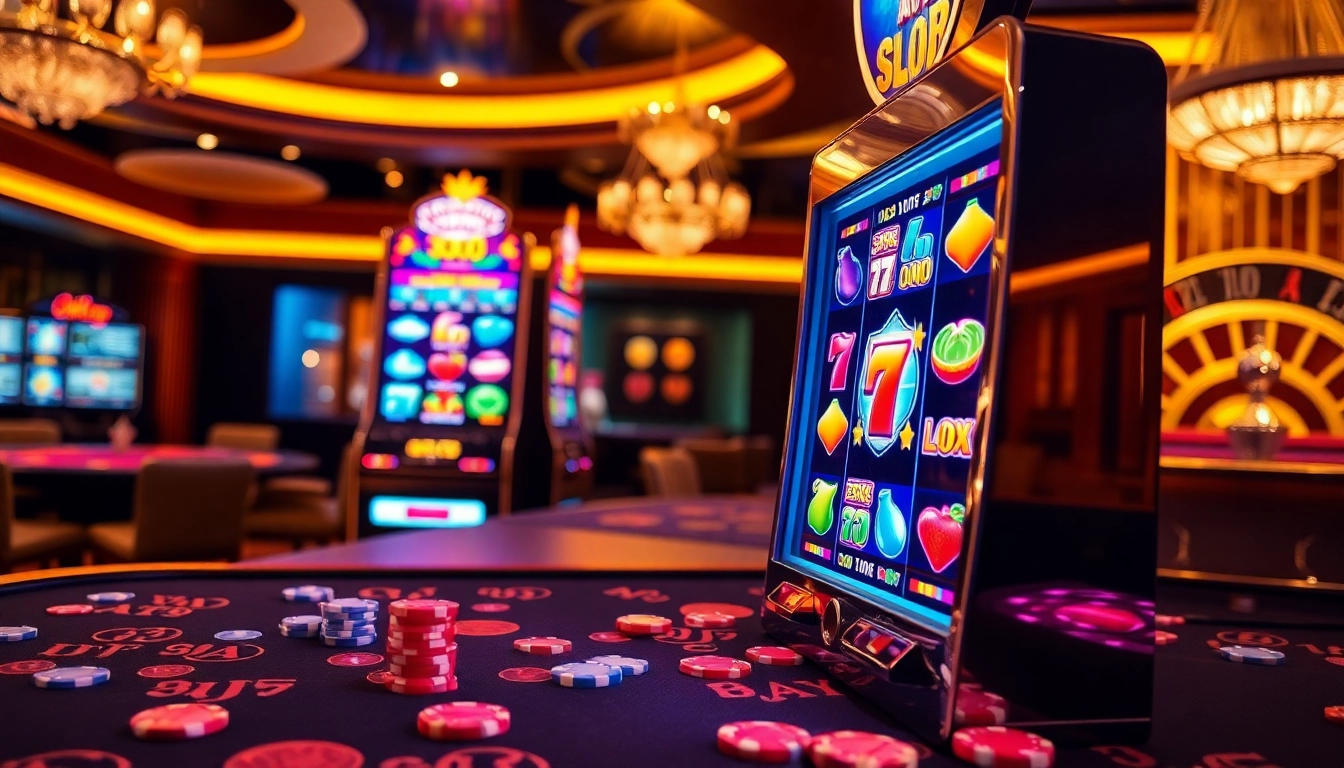 Engaging view of a slot gacor machine with vibrant reels and lively casino atmosphere, showcasing excitement for players.