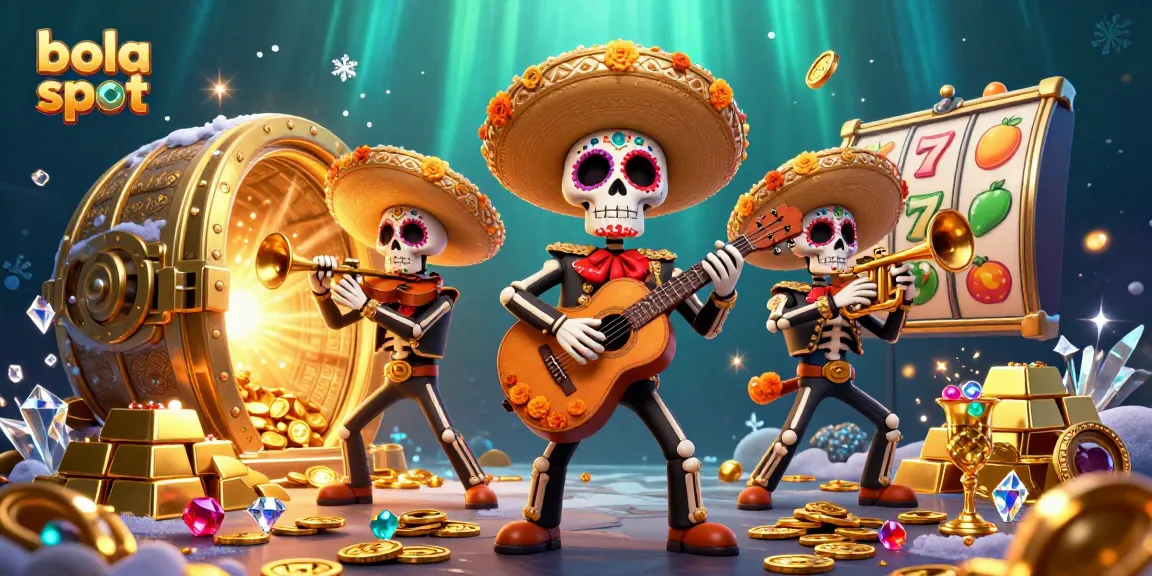 Spin the reels at bola slot with vibrant mariachi characters amidst sparkling treasures.