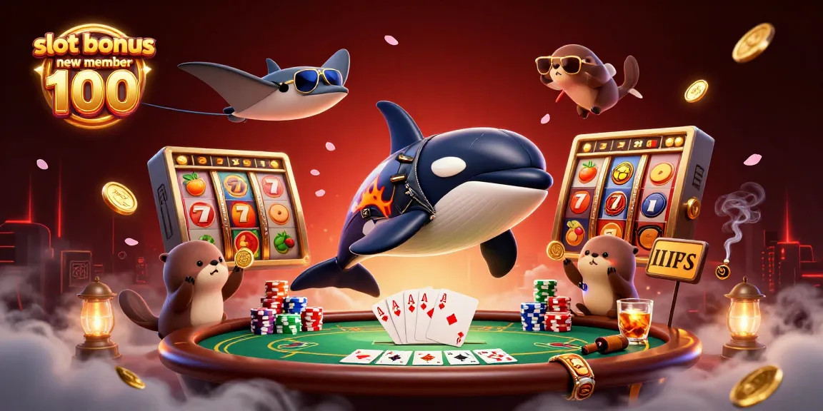 Permainan slot bonus new member 100 dengan orca dan ikan pari dalam suasana kasino yang meriah.