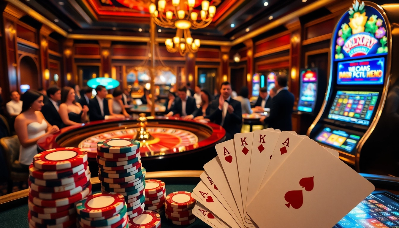 Experience the excitement of gambling at https://mm88.press/ with a luxurious casino scene featuring roulette and poker.