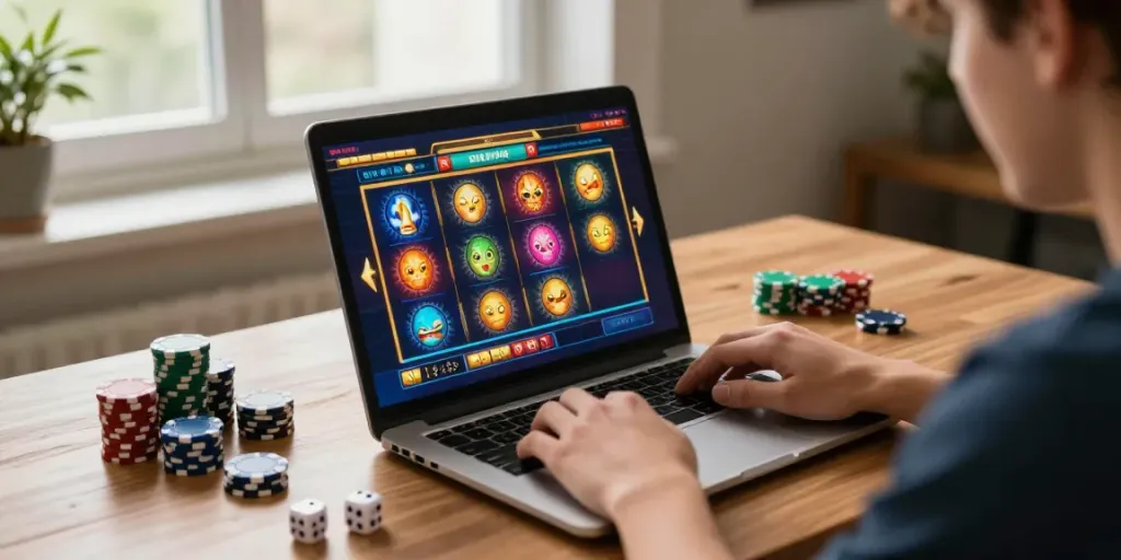 Permainan online hoki99 dengan pemain asyik di laptop, dikelilingi aksesori judi.