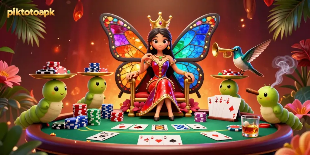 Engage with exciting poker games featuring piktotoapk’s vibrant 3D casino scene, including colorful poker chips and community cards.
