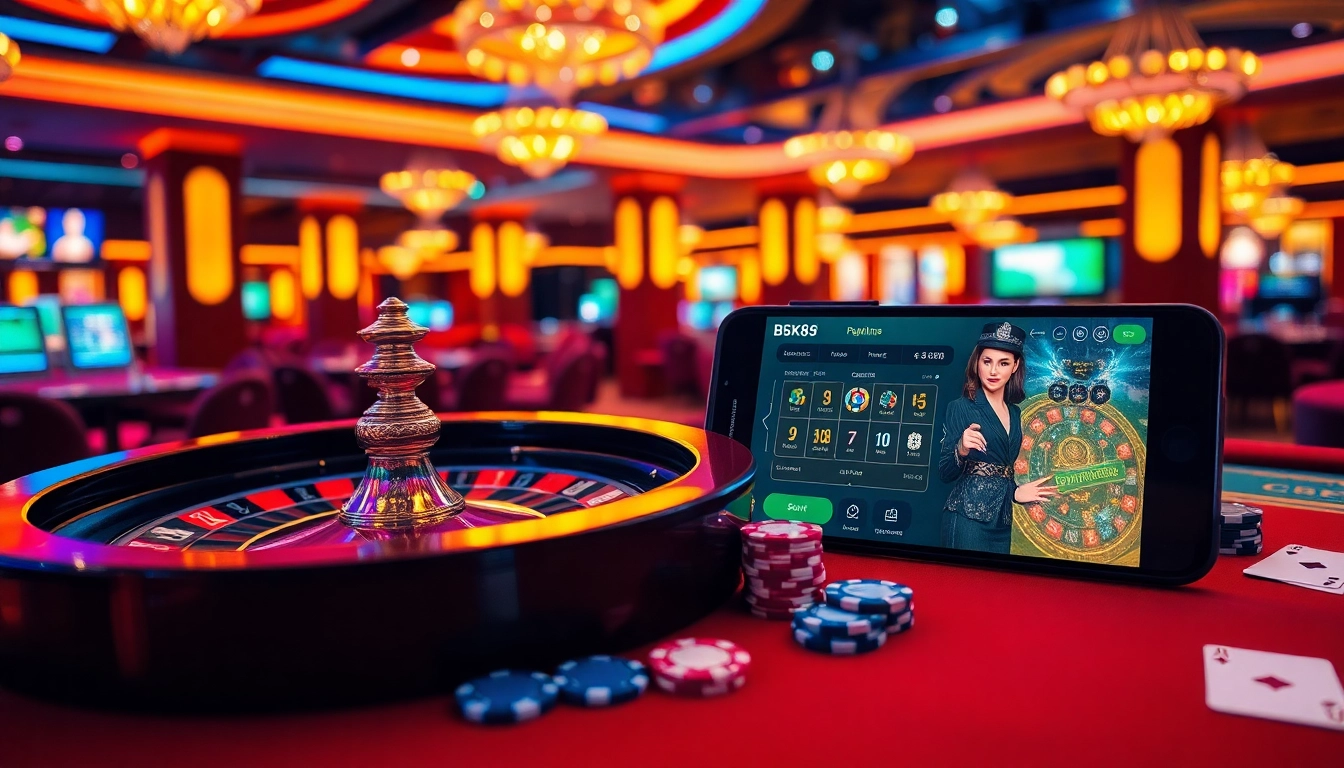 Players enjoying a thrilling game at https://bk8x.club/, showcasing vibrant casino elements and luxury ambiance.