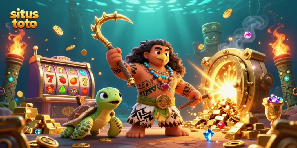Experience the thrill of situs toto with a vibrant 3D casino illustration featuring a demigod and treasures.