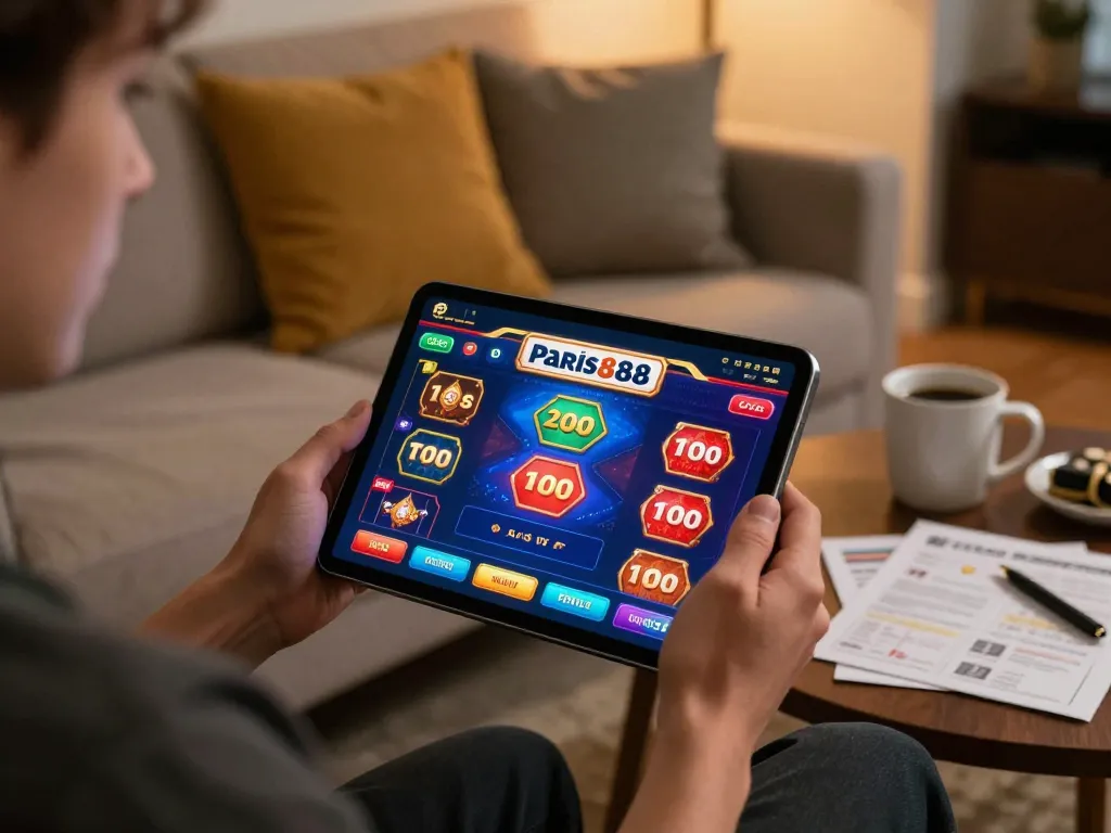Engaging online gaming experience with Paris888 app showcasing exciting game interface in a cozy setting