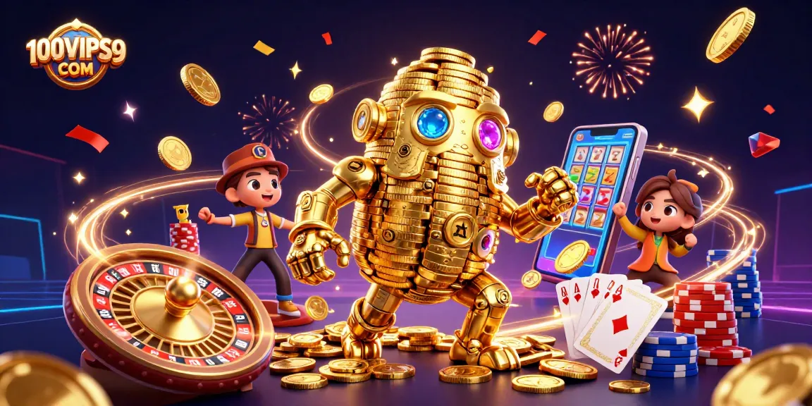 Engage with exciting gaming at 100VIPS9 COM featuring a dynamic casino scene with gold coins and spinning roulette.