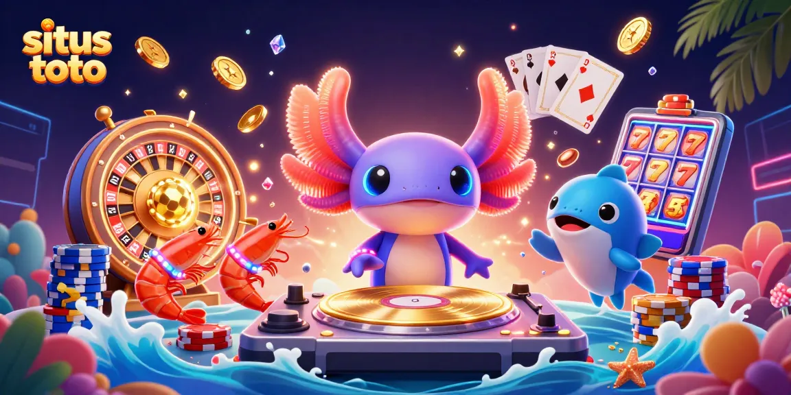 Menangkan situs toto dengan ilustrasi kasino, DJ axolotl, dan simbol keberuntungan bersinar.