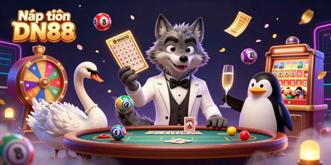 Experience the excitement of Nạp tiền DN88 with a cartoon wolf and swan in a vibrant casino scene.