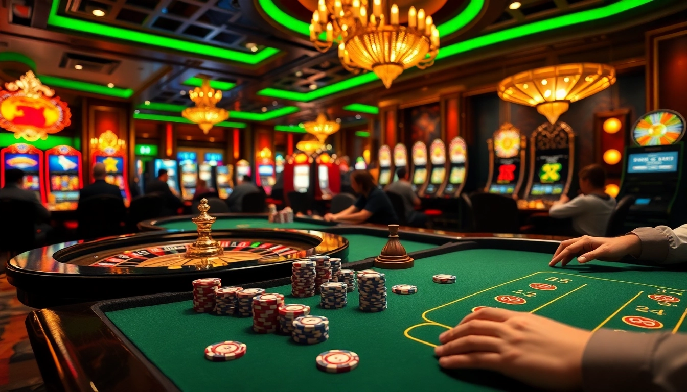Exciting casino scene with players betting at Nhà cái XX88 poker table and roulette.