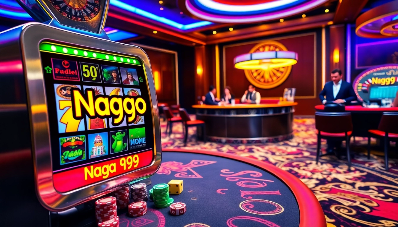Naga99 slot machine surrounded by vibrant casino elements like tables, chips, and dice.