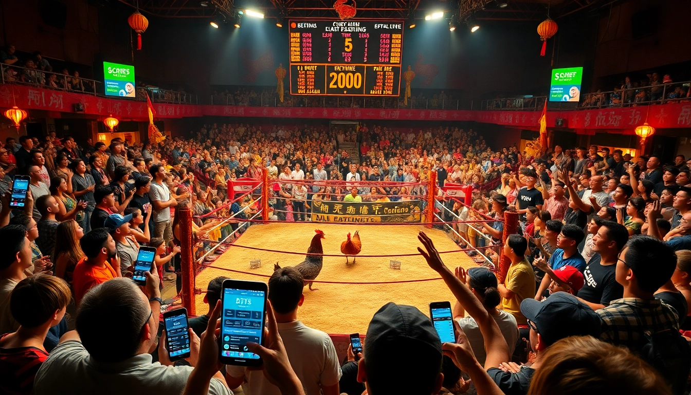 Exciting live betting experience of đá gà trực tiếp with crowd cheering and digital odds display.
