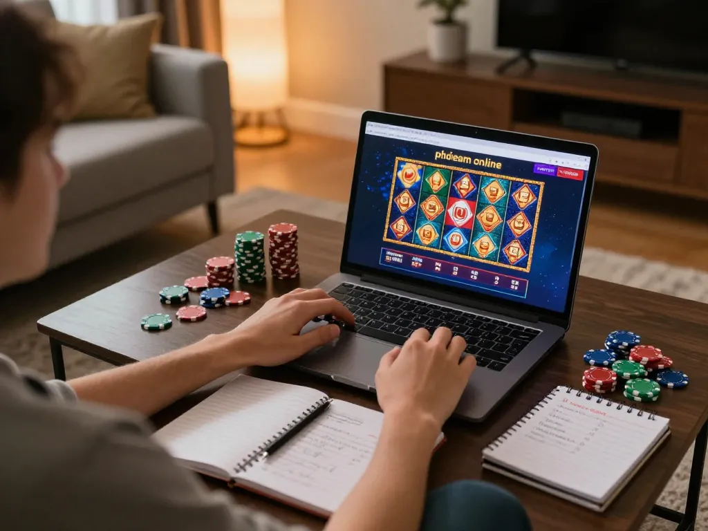 PHDream user engaged with online slots in a cozy home setup, showcasing gaming strategy and comfort.