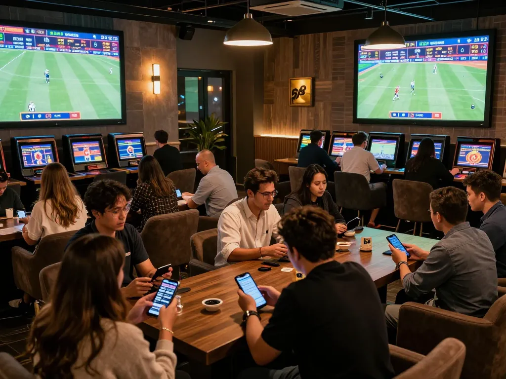 Engaged sports bettors using apps in a vibrant 28bets casino lounge atmosphere