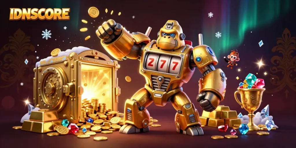 Experience thrilling action with IDNSCORE's golden gorilla mech amidst dazzling riches and explosive wins.