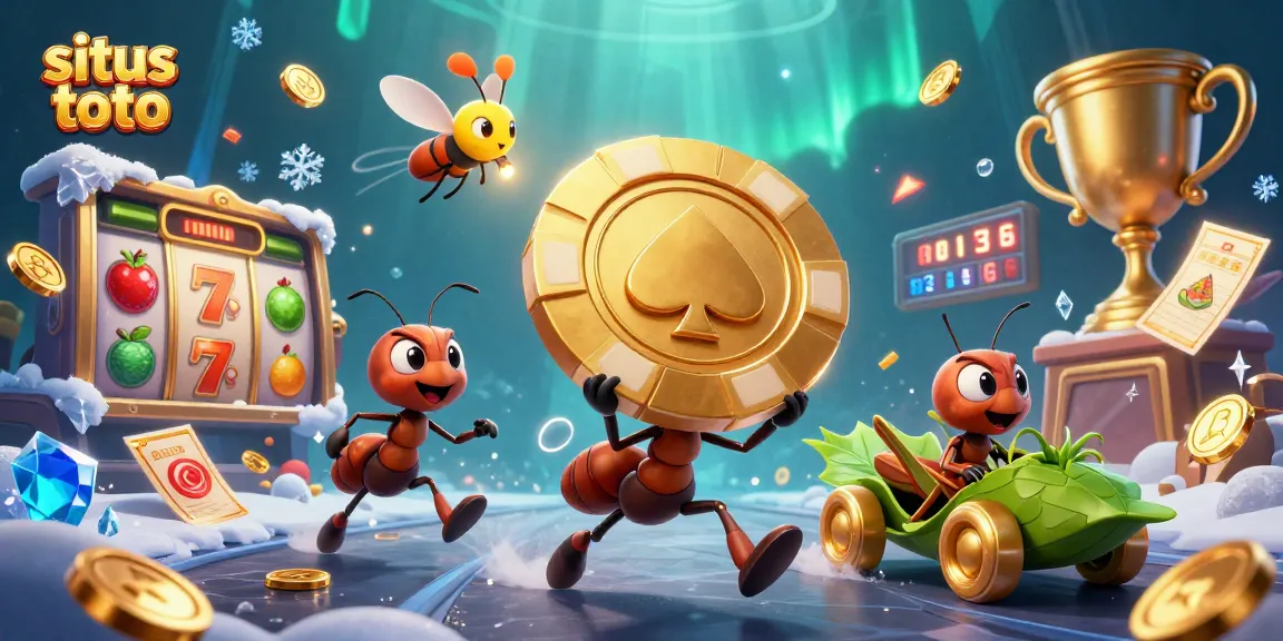 Memenangkan di situs toto dengan ilustrasi tim semut 3D membawa chip poker emas di kasino.