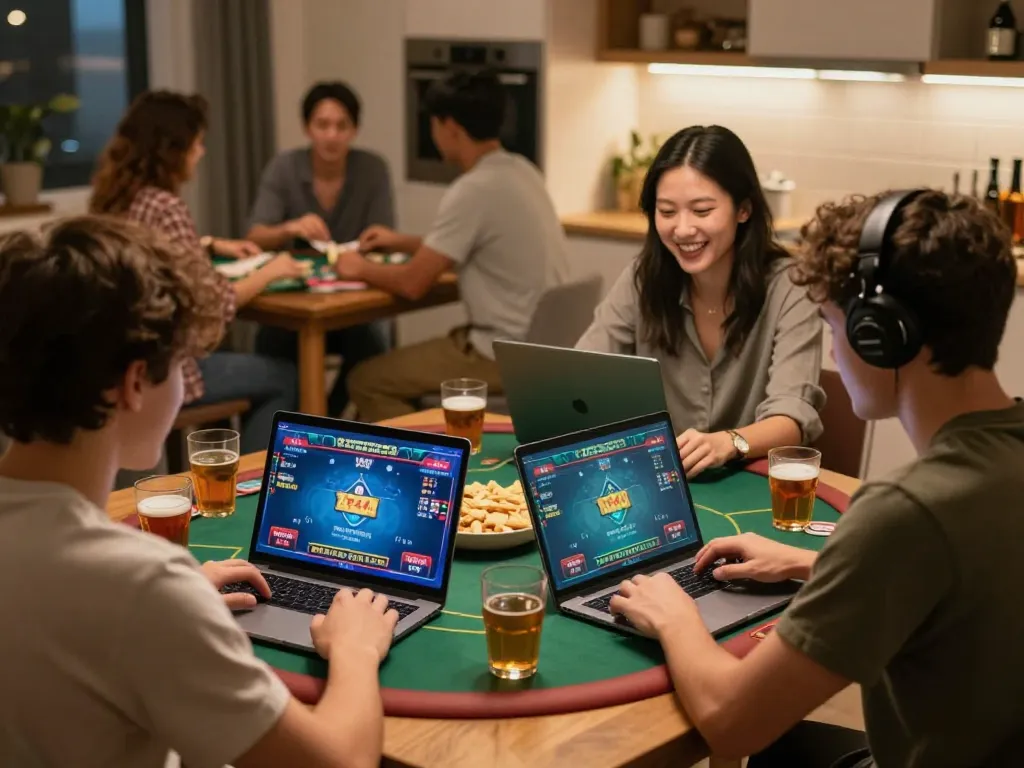 Luck8 gamers enjoying an engaging online poker session with friends at home.